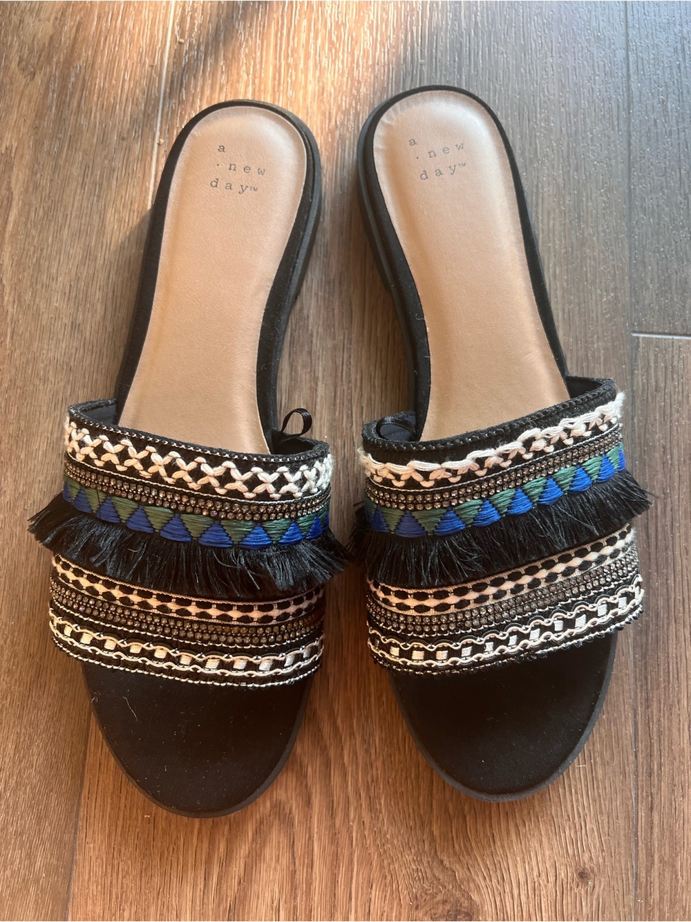 a new day Black Slide Sandals with Blue and Green Embroidery